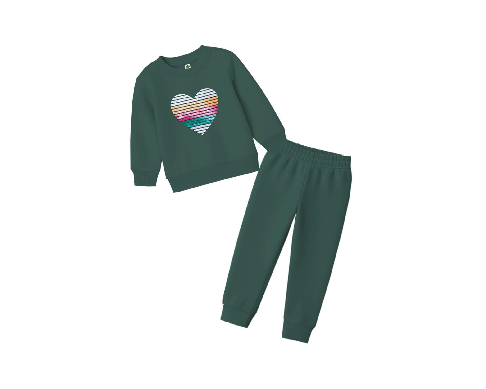 Rainbow Glitter Heart Fleece Tracksuit -Green