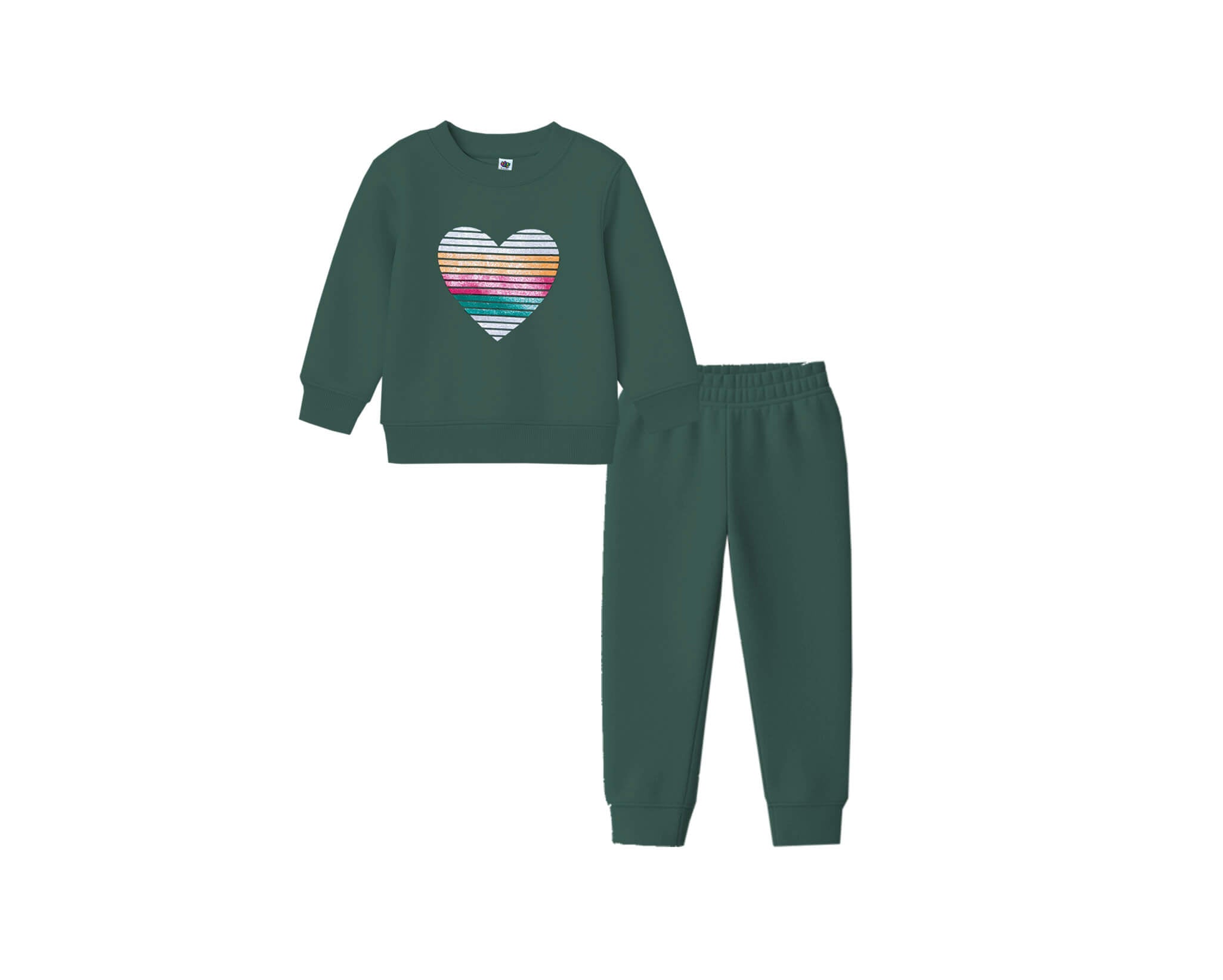 Rainbow Glitter Heart Fleece Tracksuit -Green