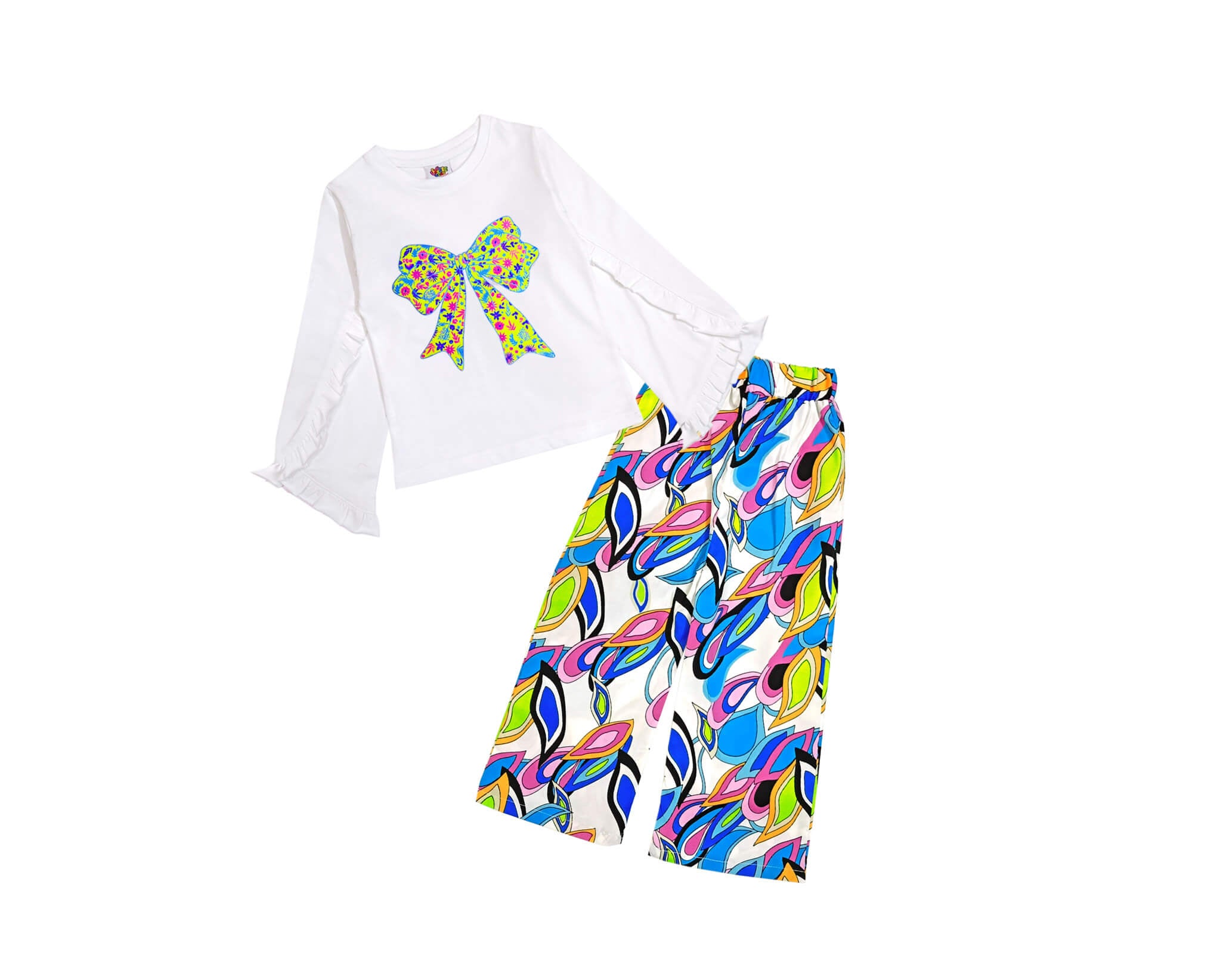 Rainbow Pop Bow Palazzo Set - White &amp; Blue