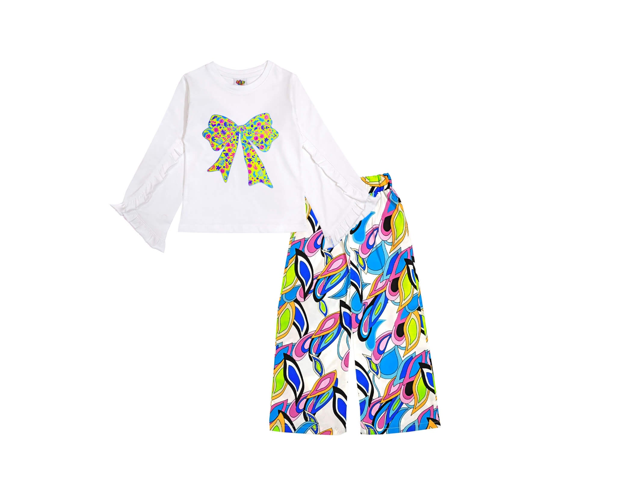 Rainbow Pop Bow Palazzo Set - White &amp; Blue