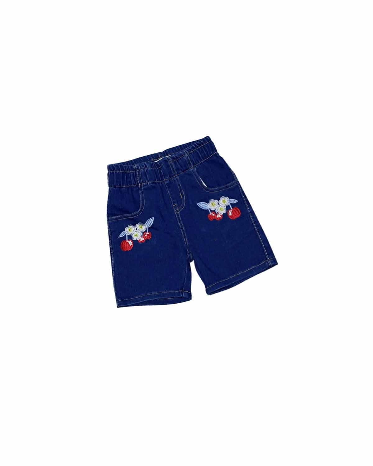 Red Apple Flowers Denim Shorts - Dark Blue