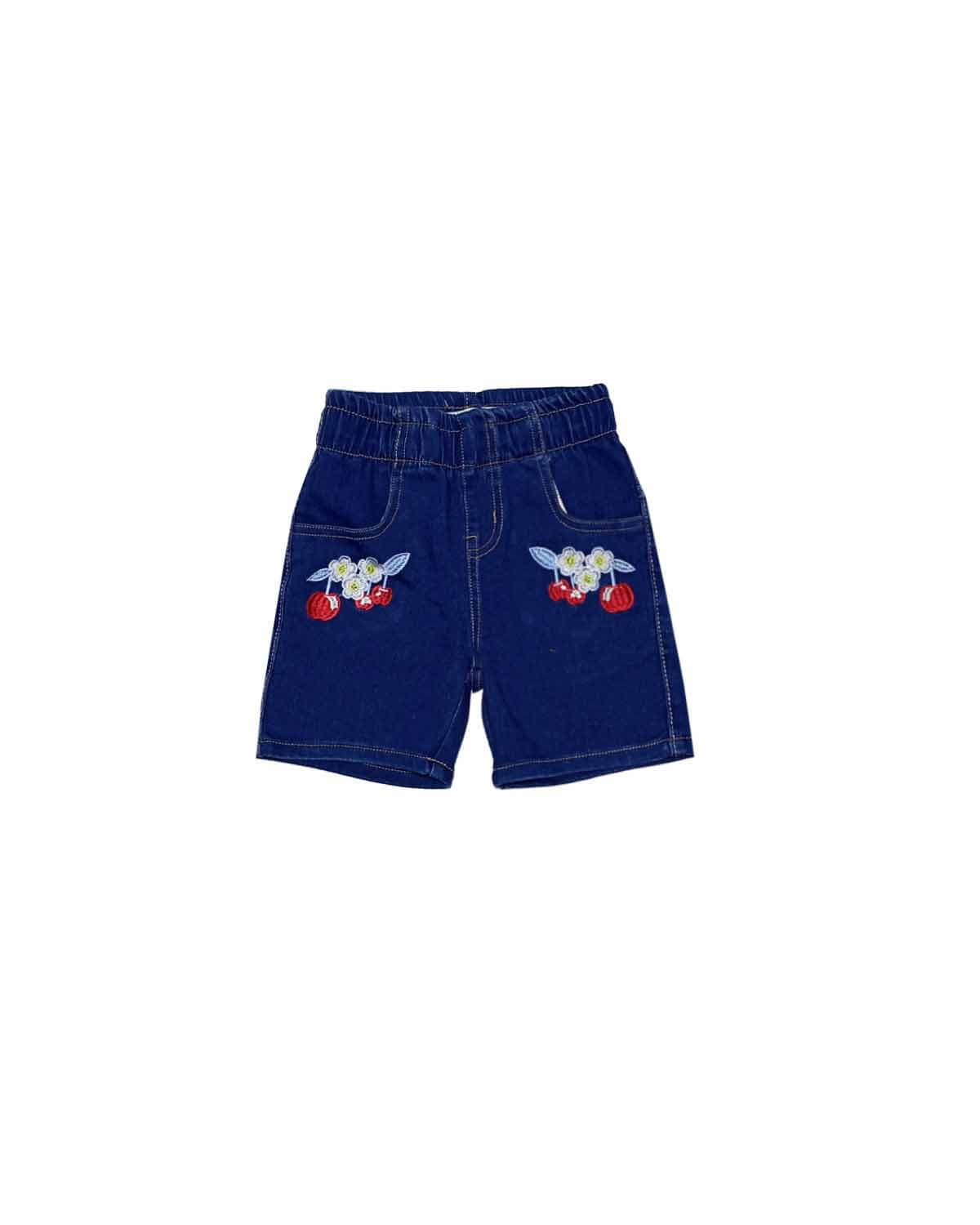 Red Apple Flowers Denim Shorts - Dark Blue
