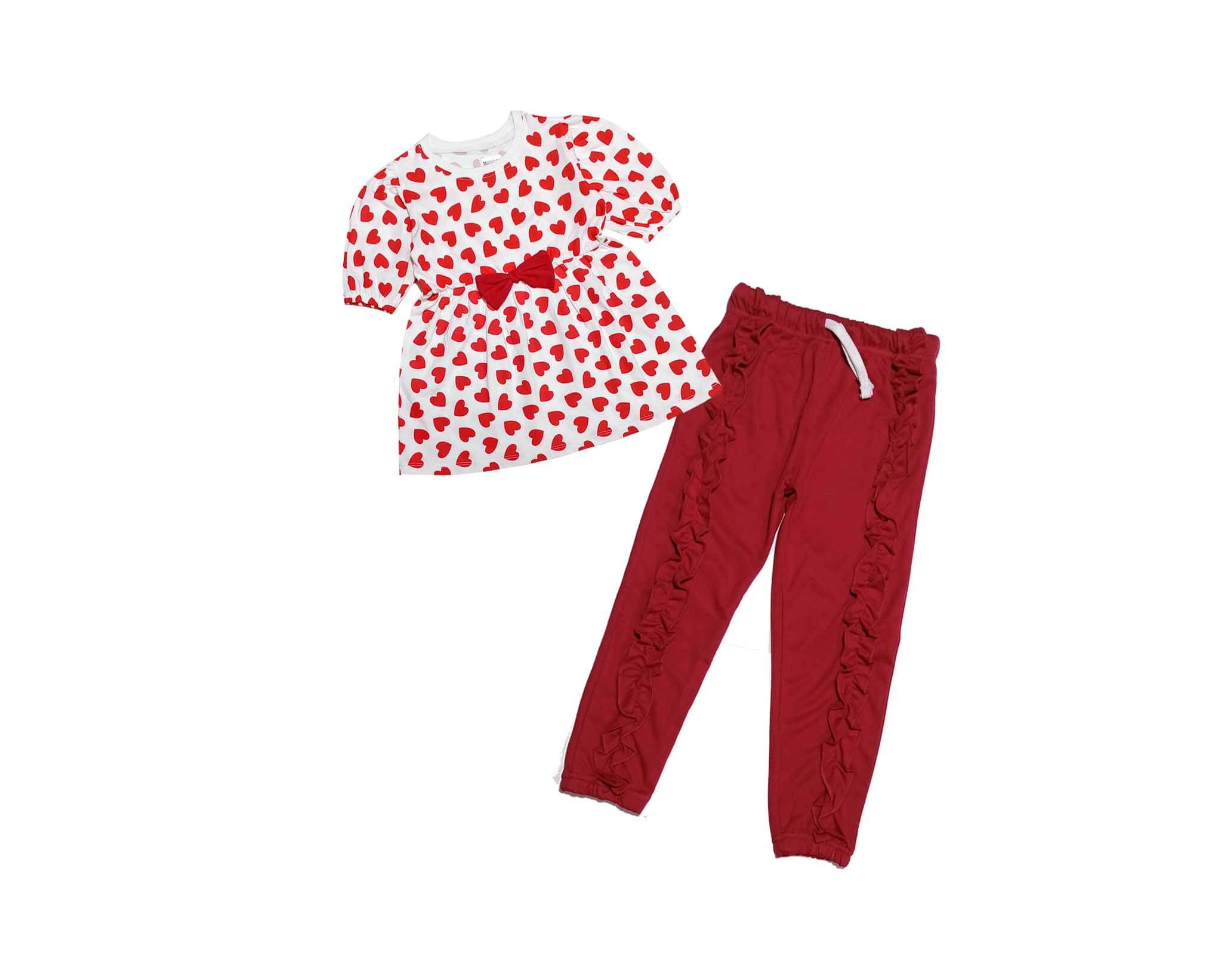 Red Bow & Hearts Top & Frill Style Trouser - White & Maroon
