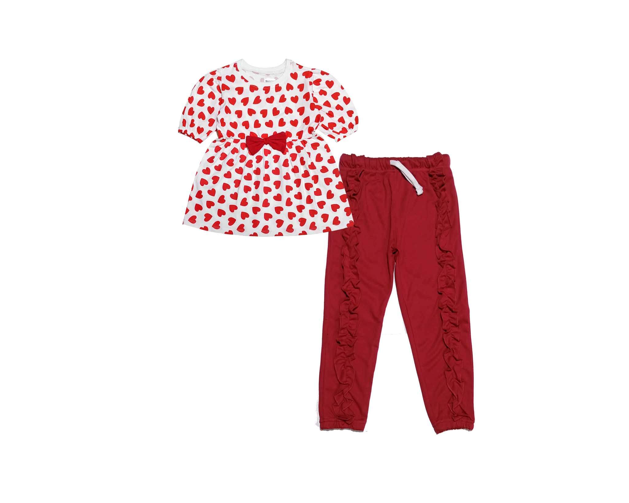 Red Bow & Hearts Top & Frill Style Trouser - White & Maroon