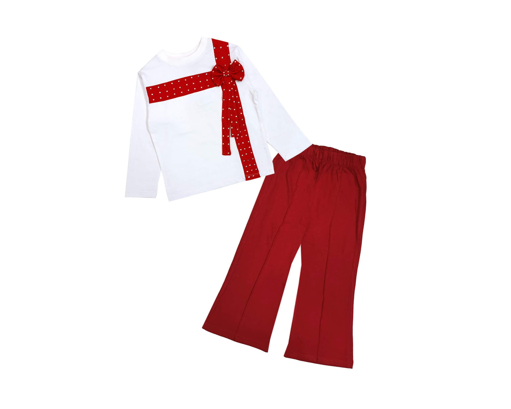 Red Bow With Ribbon Sequin Work Full Shirt & Flapper Trouser - White & Red