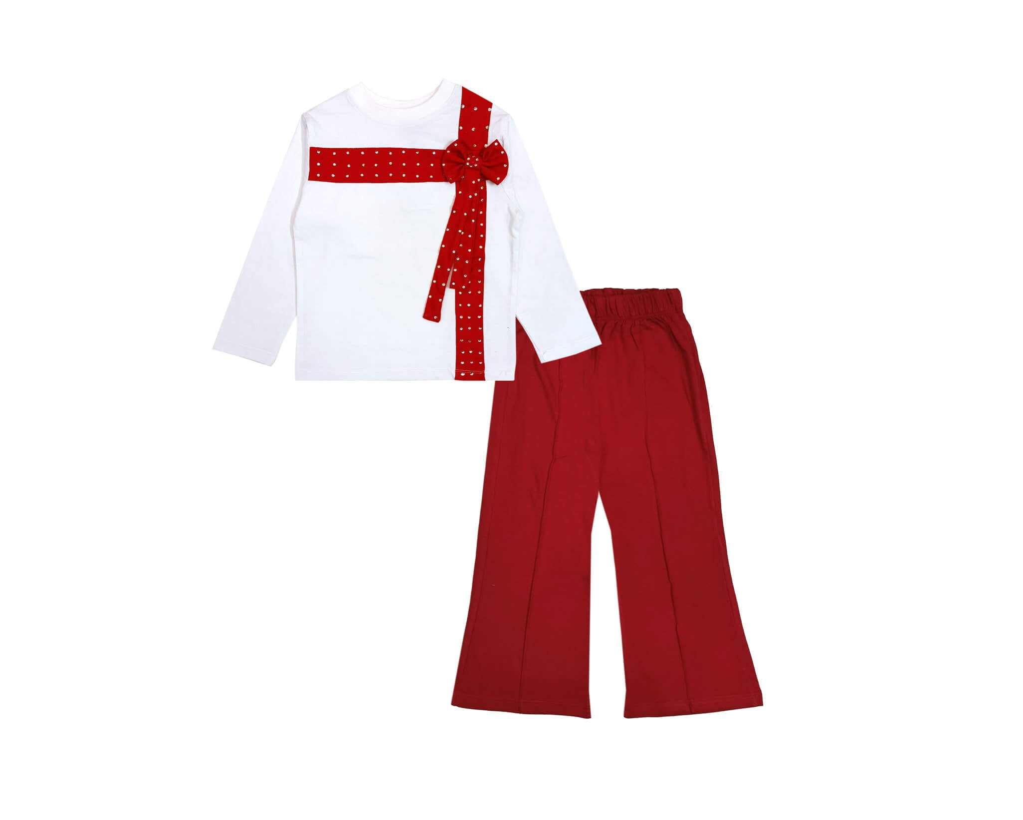 Red Bow With Ribbon Sequin Work Full Shirt & Flapper Trouser - White & Red