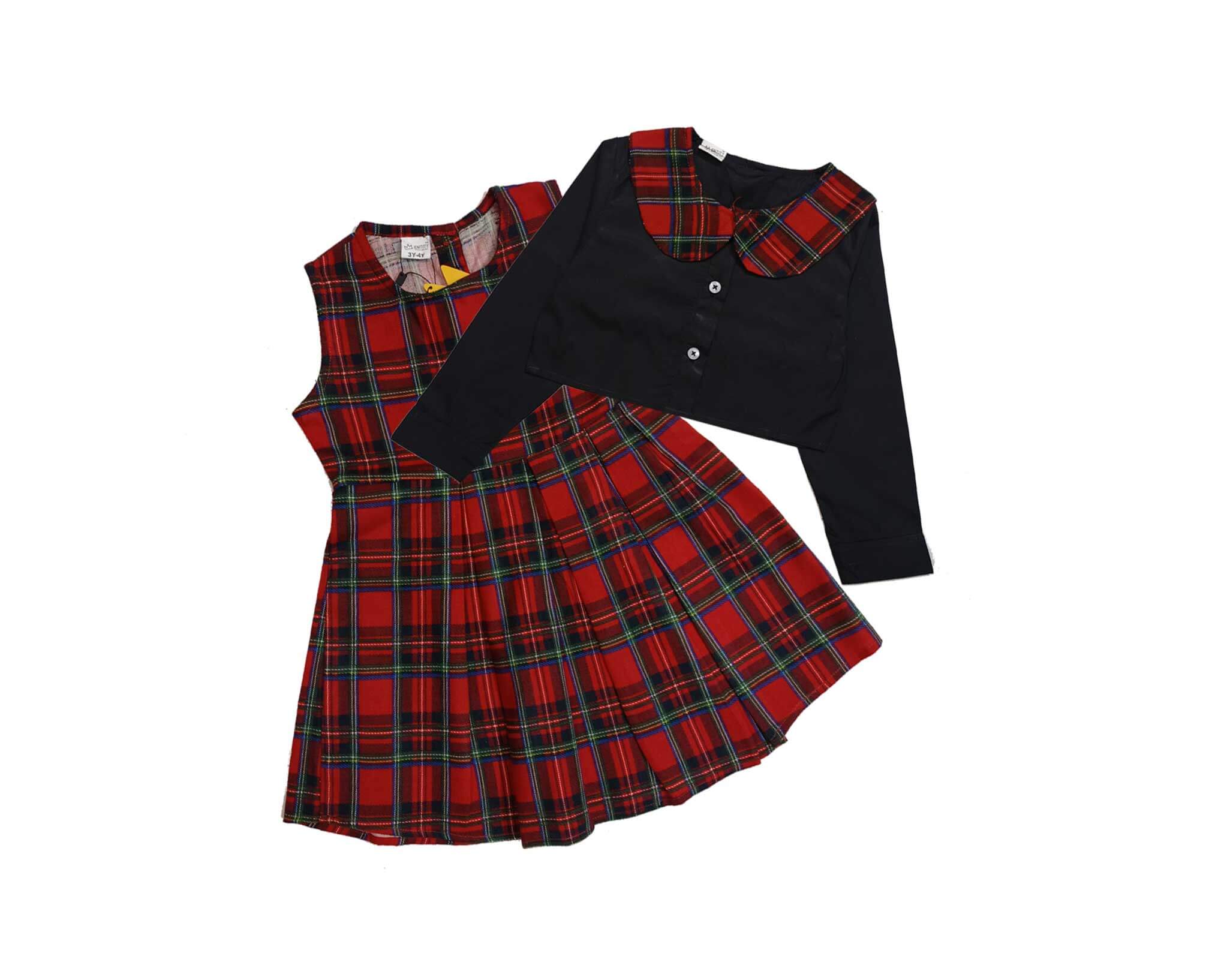 Red Checked Stylish Coller Top And Frock - Black & Red