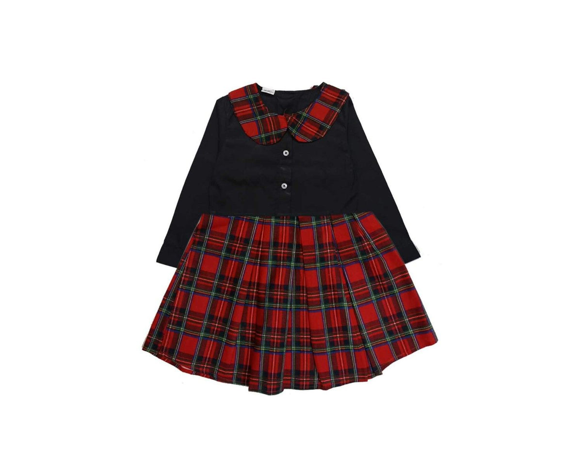 Red Checked Stylish Coller Top And Frock - Black & Red