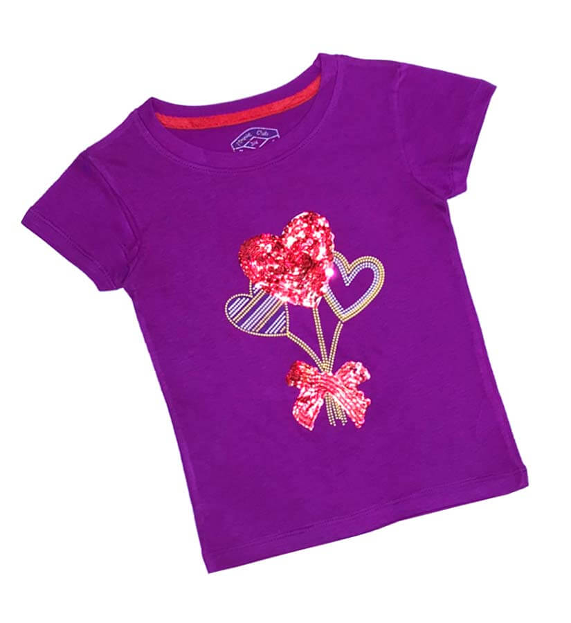 Red Heart With Bow Sequence Tee Shirt - Magenta