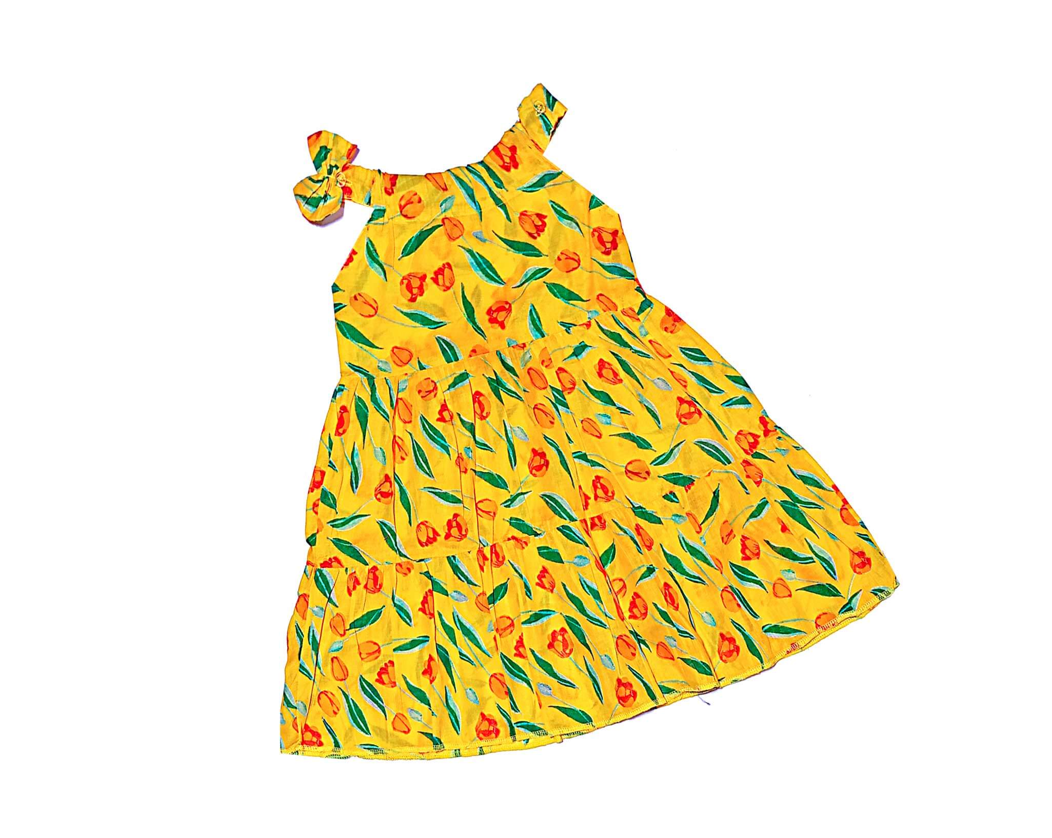 Red Roses Three Penal Lawn Maxi Frock Shoulder Stripe with Bow -Yellow