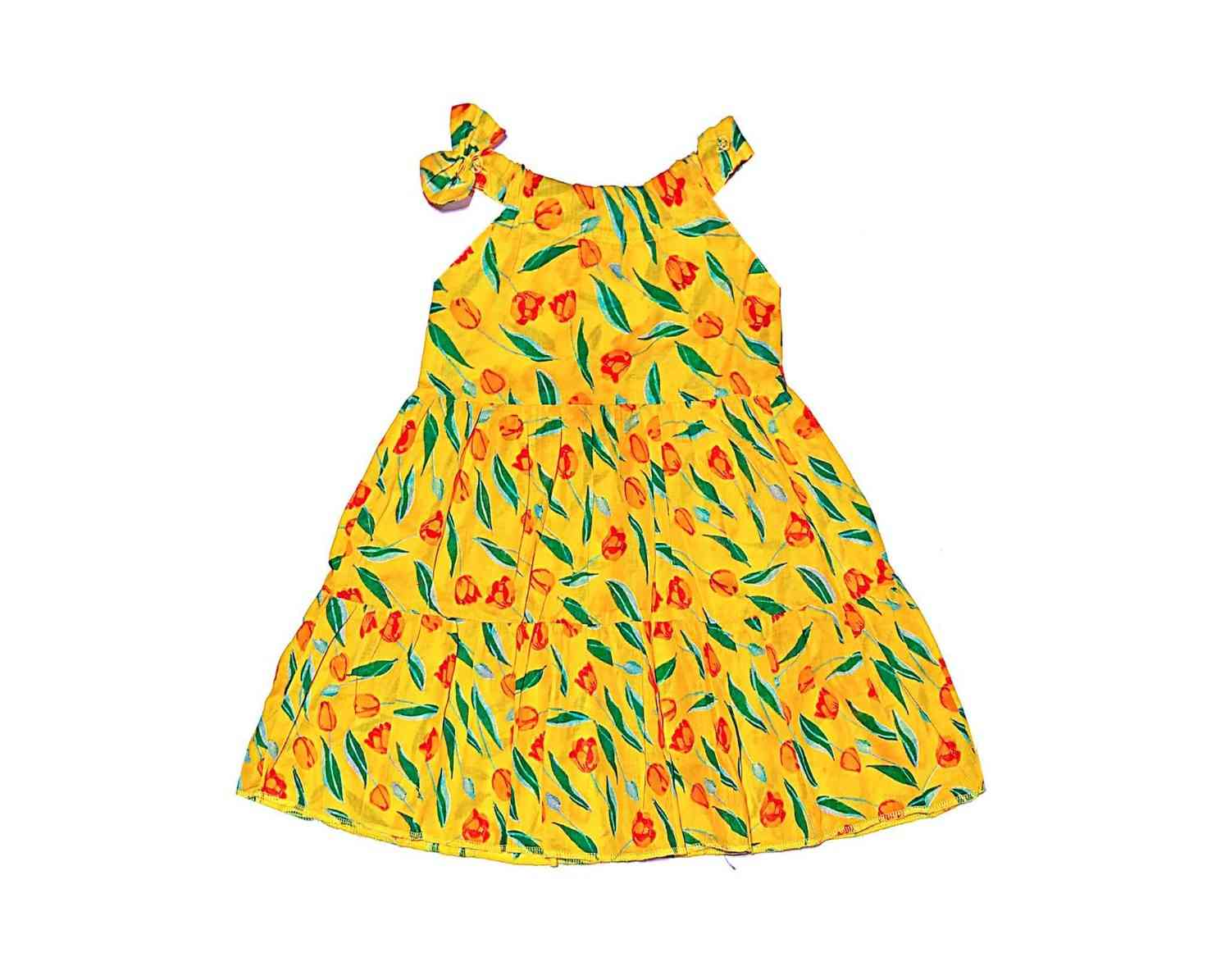 Red Roses Three Penal Lawn Maxi Frock Shoulder Stripe with Bow -Yellow