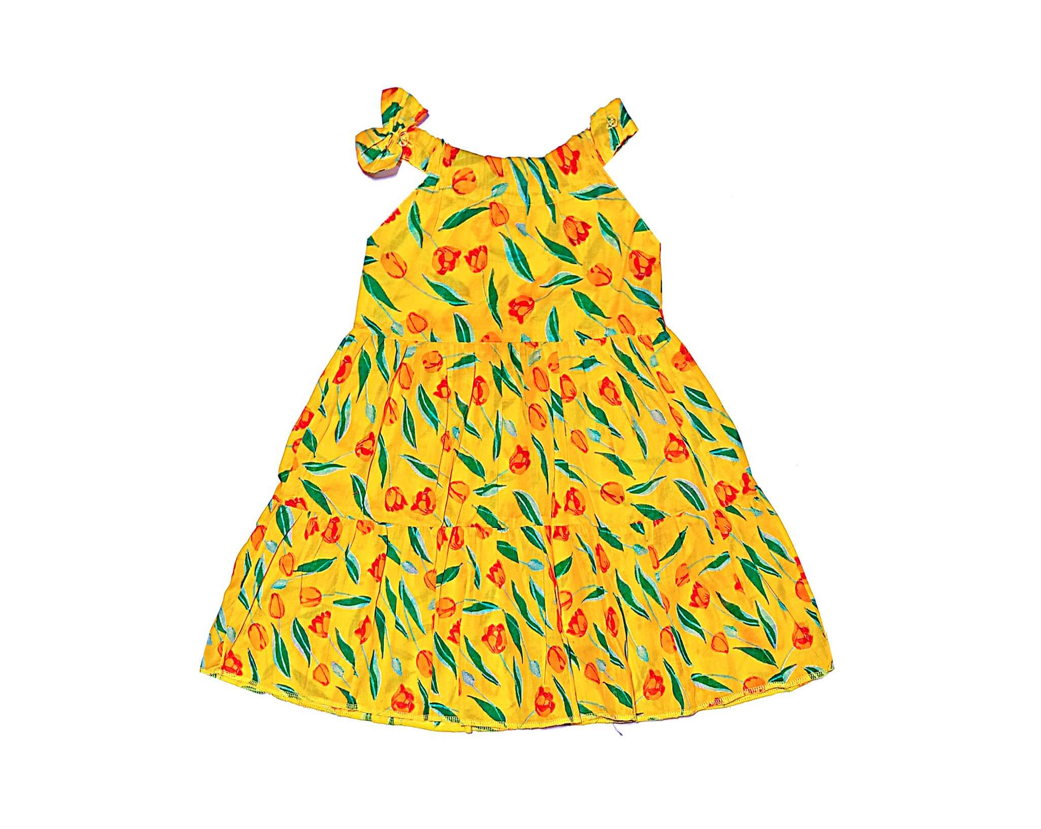 Red Roses Three Penal Lawn Maxi Frock Shoulder Stripe with Bow -Yellow