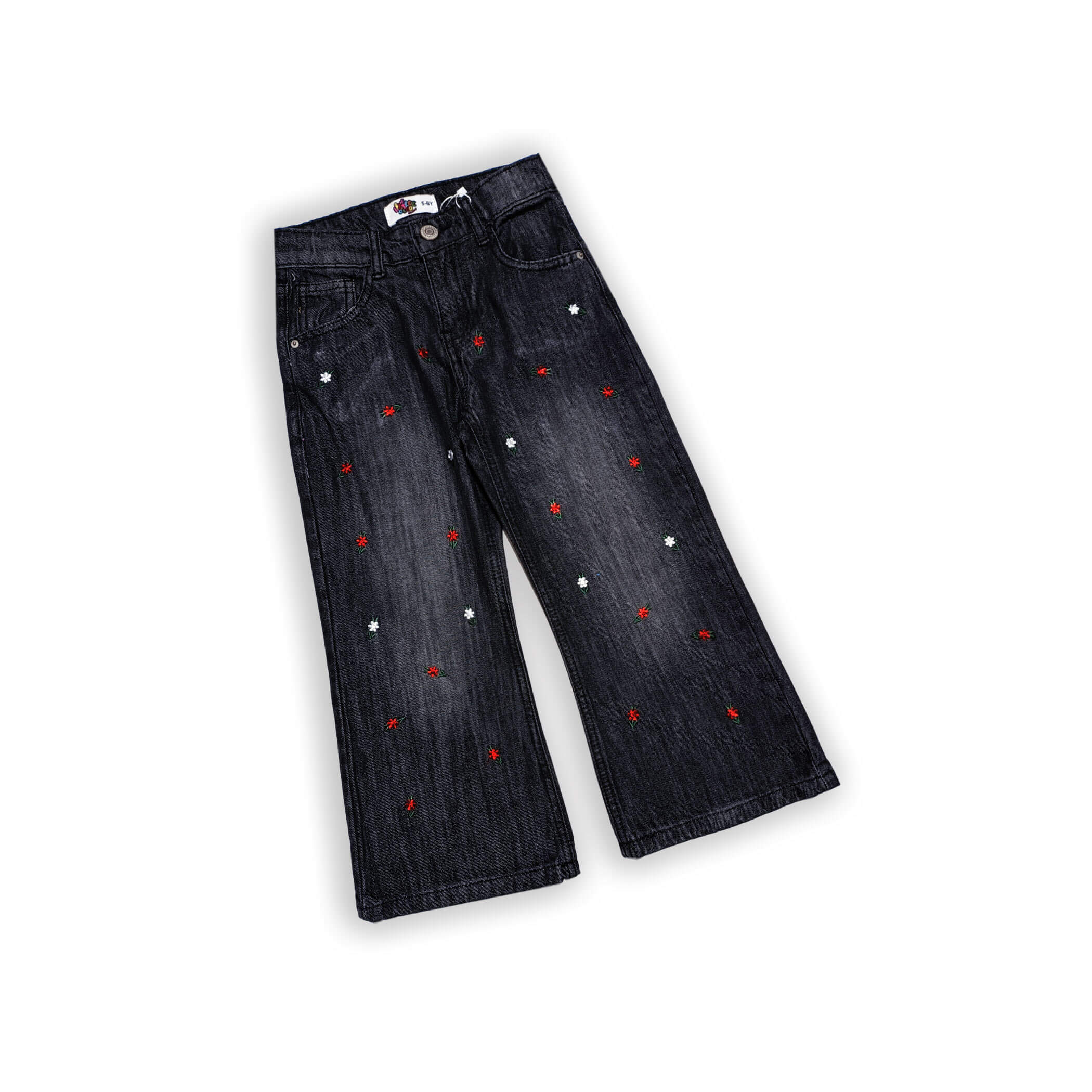 Red White Mini Floral Wide Legs Denim Pant - Charcoal