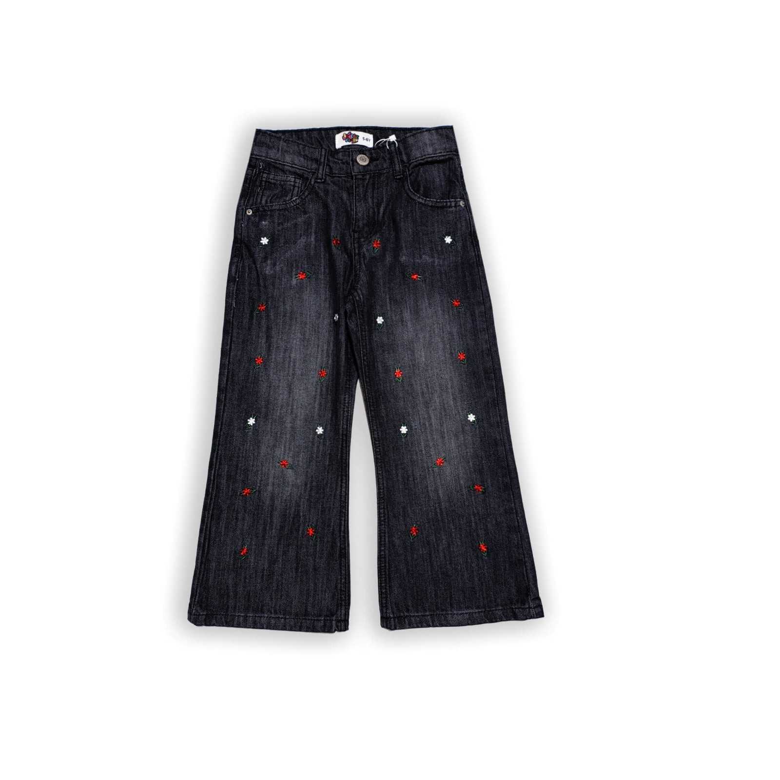 Red White Mini Floral Wide Legs Denim Pant - Charcoal