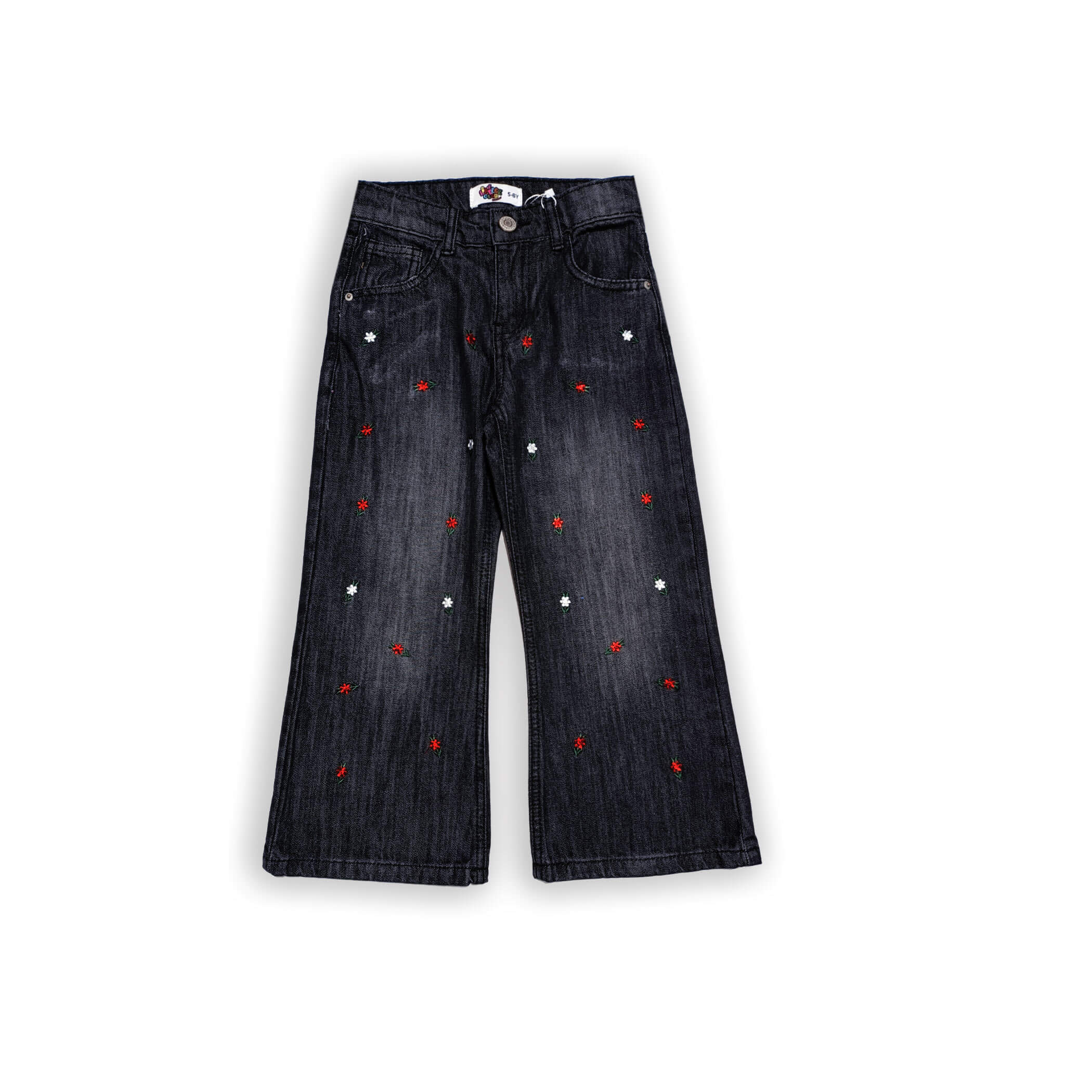 Red White Mini Floral Wide Legs Denim Pant - Charcoal
