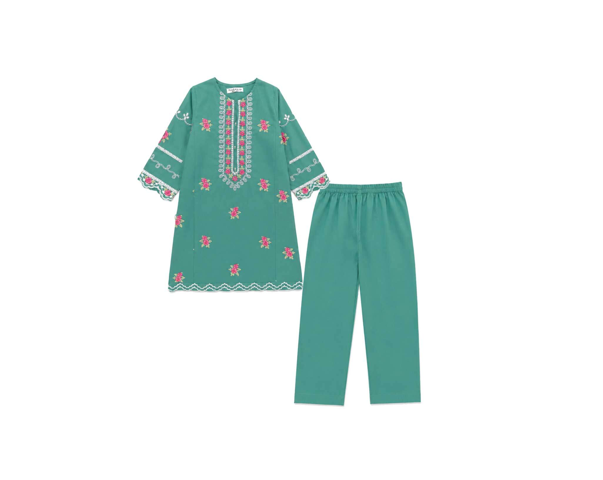 RedRossesWithClassicEmbroideredKurta_Trouser-SeaGreen