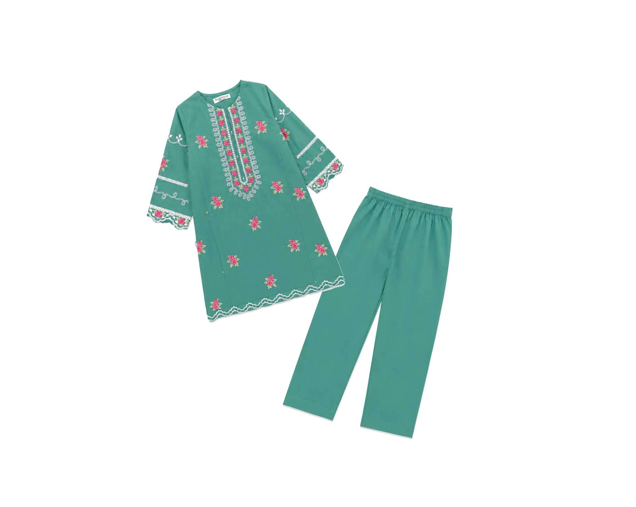 RedRossesWithClassicEmbroideredKurta_Trouser-SeaGreen_1