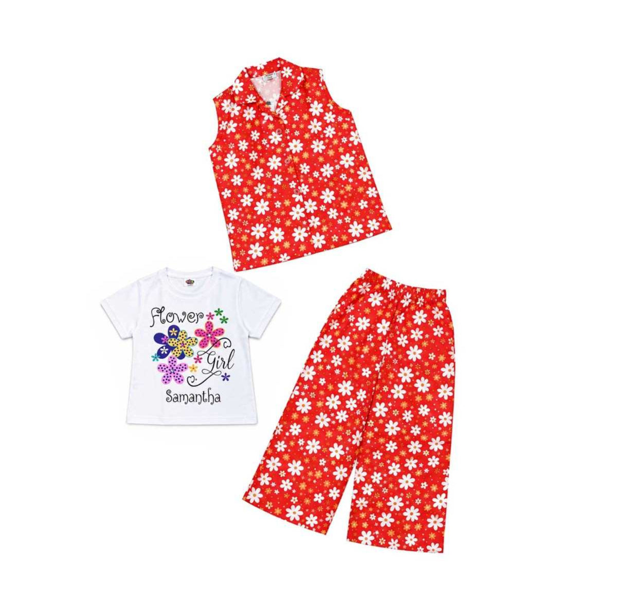 Red & Blooming Flower Girl 3 Pc Cotton Suit Flapper Trouser - Red