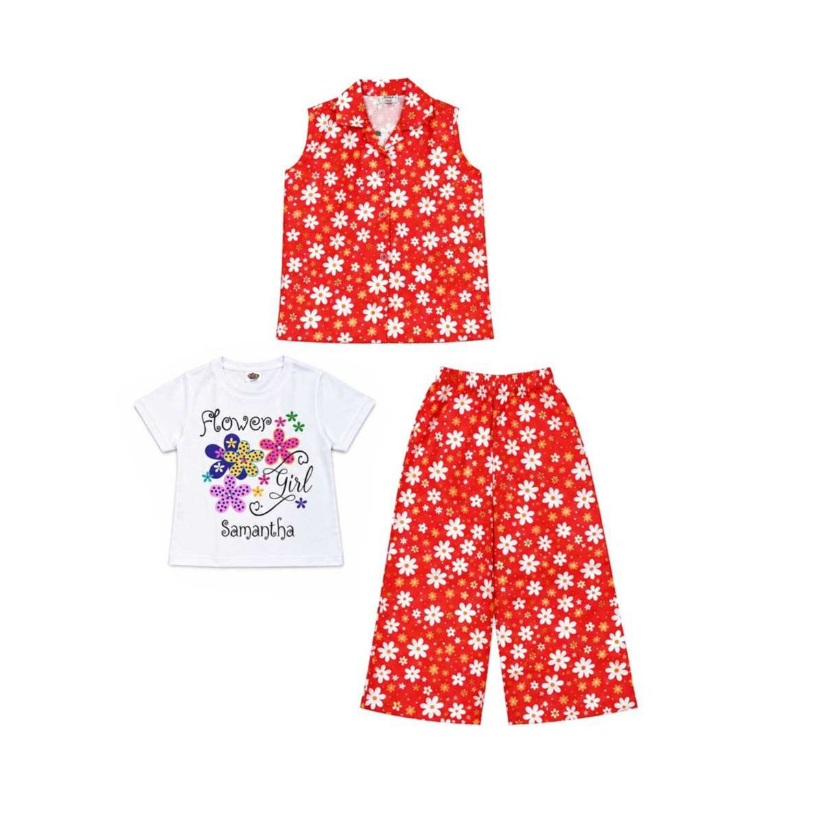 Red & Blooming Flower Girl 3 Pc Cotton Suit Flapper Trouser - Red