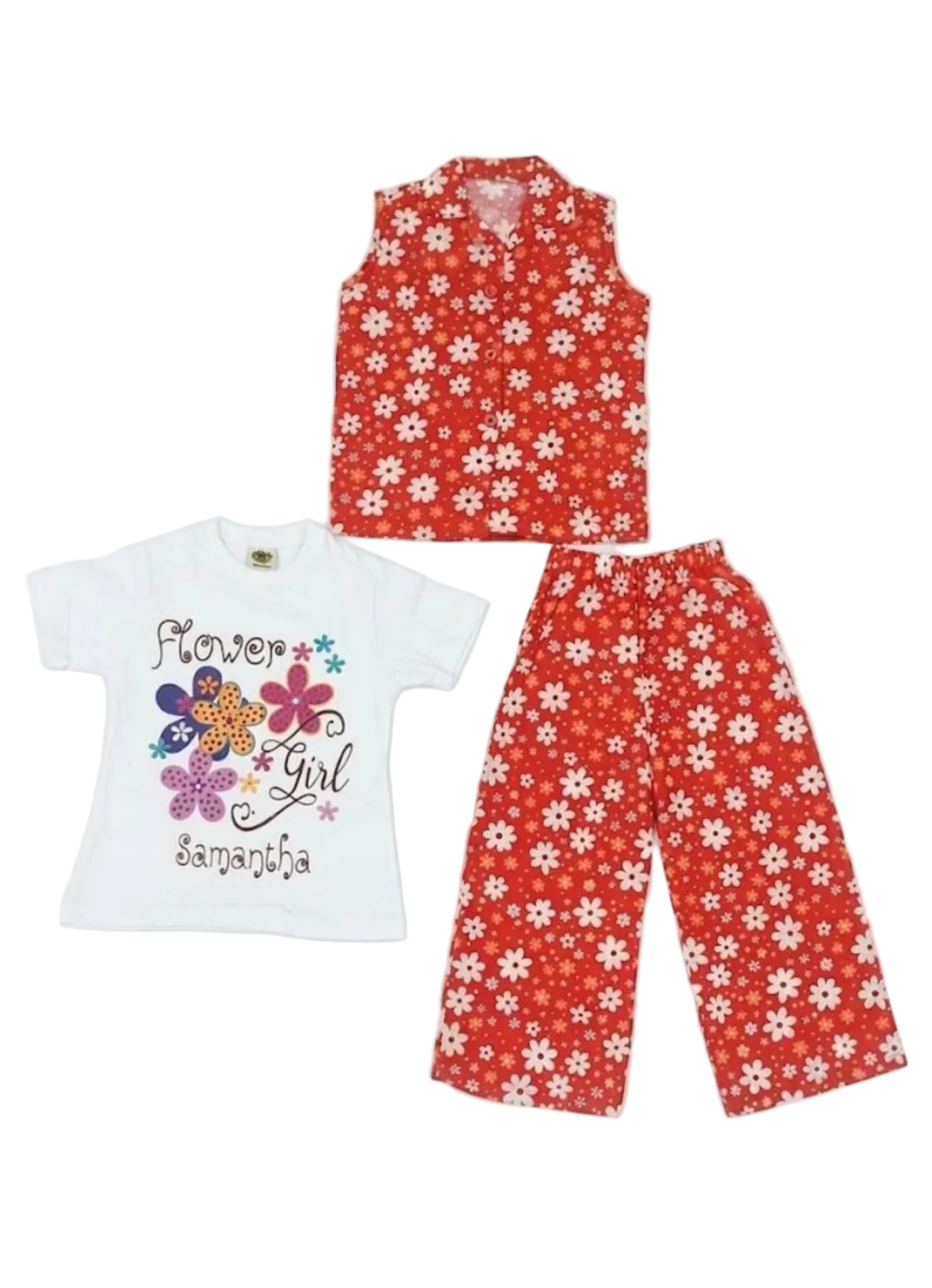 Red & Blooming Flower Girl 3 Pc Cotton Suit Flapper Trouser - Red