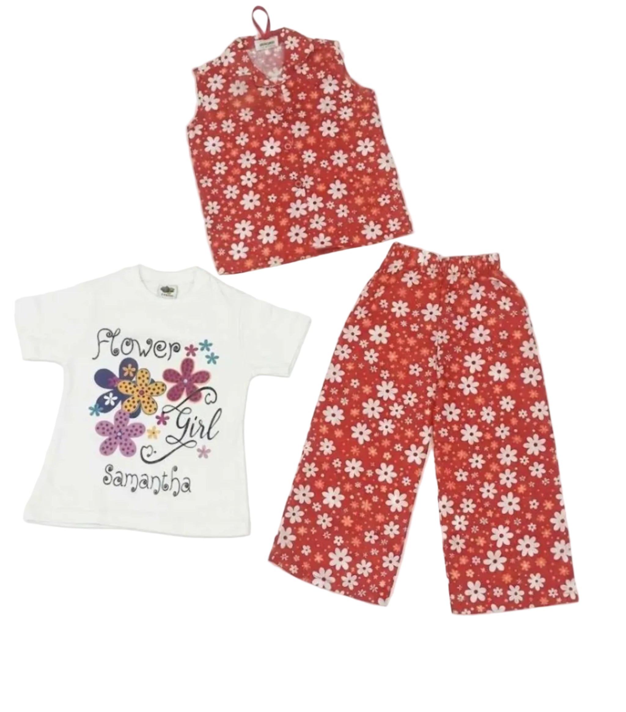 Red & Blooming Flower Girl 3 Pc Cotton Suit Flapper Trouser - Red