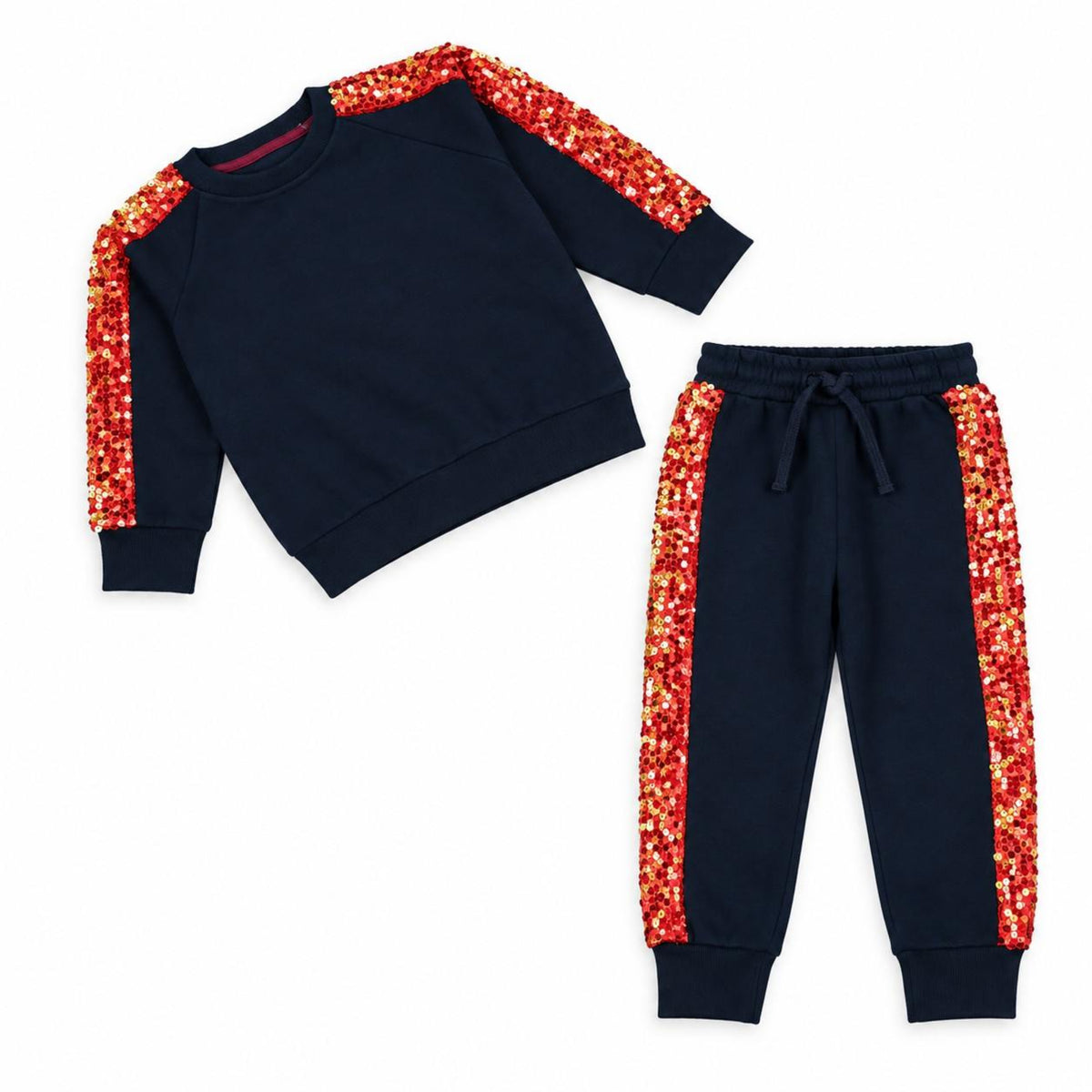 Red & Golden Sequin Worked Panel Fleece Tracksuit - Black