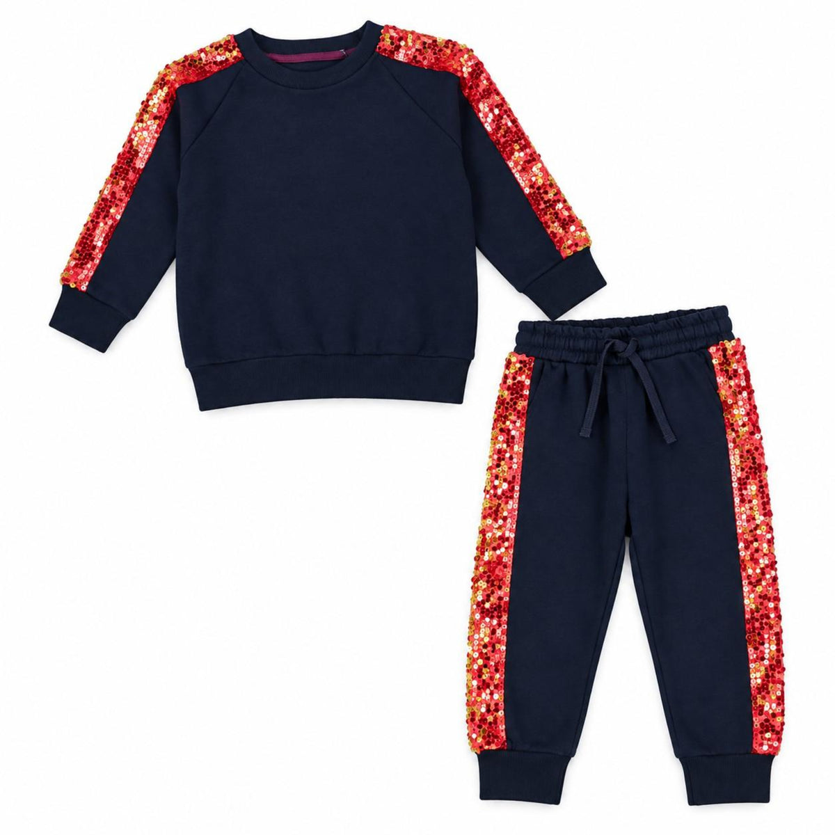 Red & Golden Sequin Worked Panel Fleece Tracksuit - Black