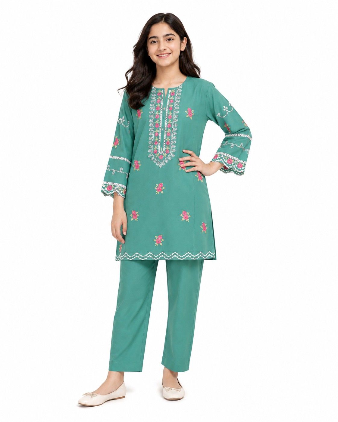 Red Rosses With Classic Embroidered Kurta & Trouser - Sea Green