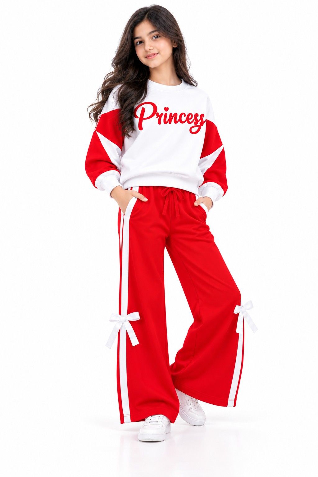 Bow Whit Print Princess Fleece Tracksuit - White & Red