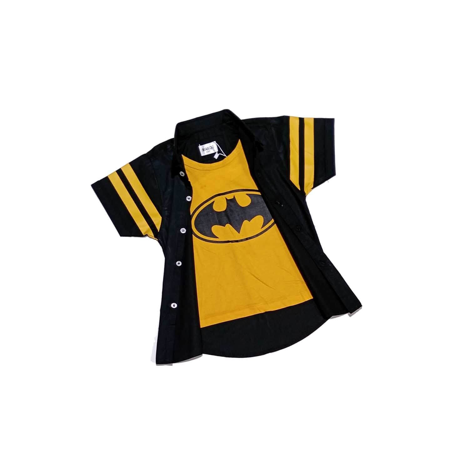 Regular Fit Bat Style Twofer Cotton Casual Shirt Black Mustard-1