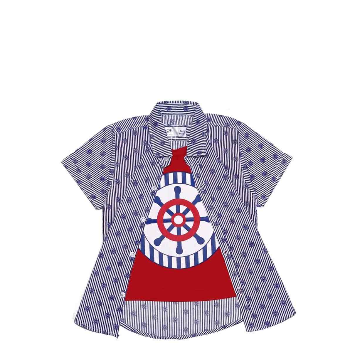Regular Fit Nautical Party Stripes Twofer Cotton Casual Shirt-Red Blue Stripes