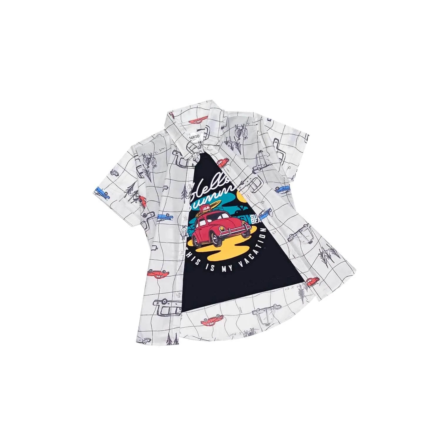 Regular Fit Summer Beach Car Twofer Cotton Casual Shirt-White Black-1