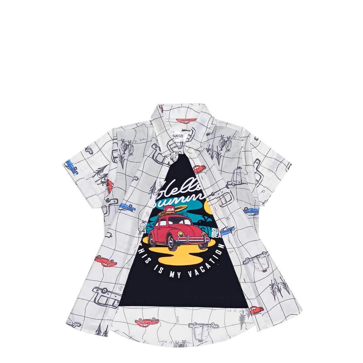 Regular Fit Summer Beach Car Twofer Cotton Casual Shirt-White Black