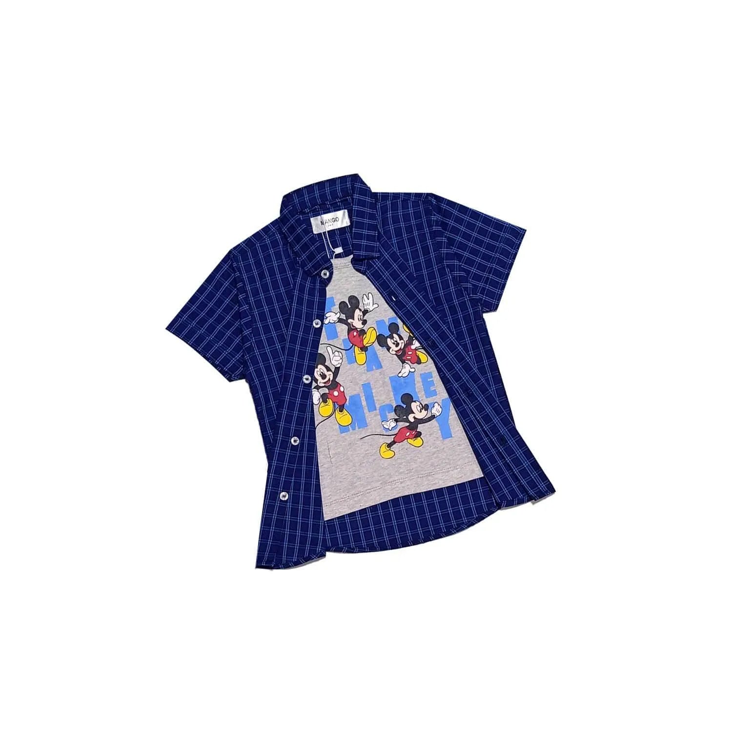 Regular Fit Team Mickey Blue Check Box Twofer Cotton Casual Shirt-Grey Blue-1
