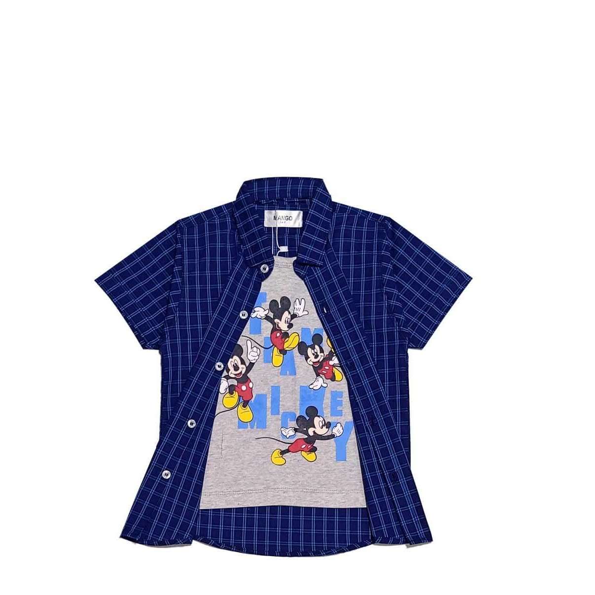 Regular Fit Team Mickey Blue Check Box Twofer Cotton Casual Shirt-Grey Blue