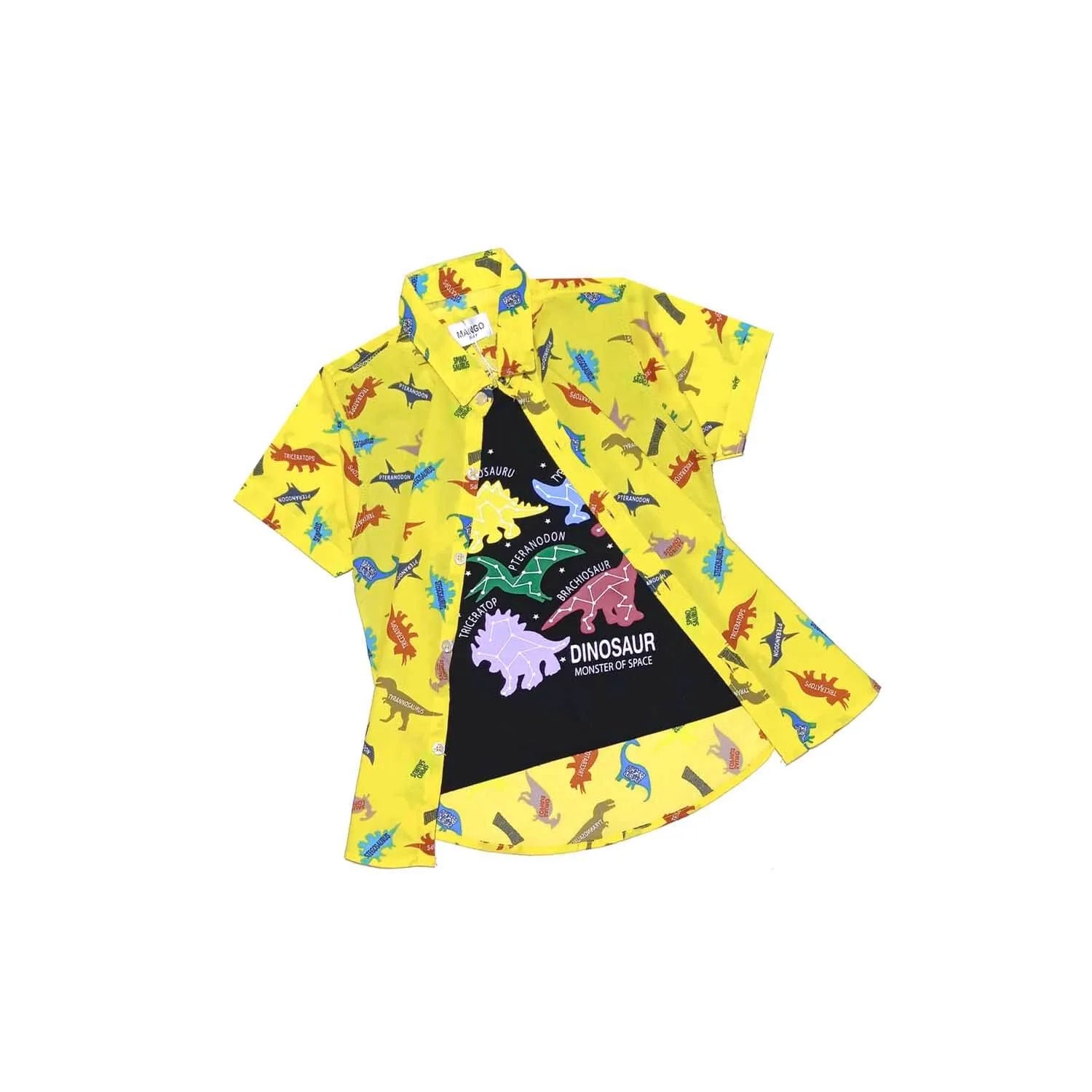 Regular Fit Wild Dinosaur Twofer Cotton Casual Shirt-Yellow-Black-1