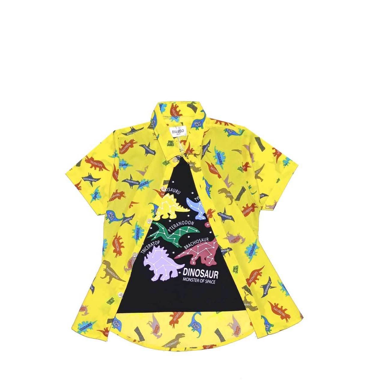 Regular Fit Wild Dinosaur Twofer Cotton Casual Shirt-Yellow-Black
