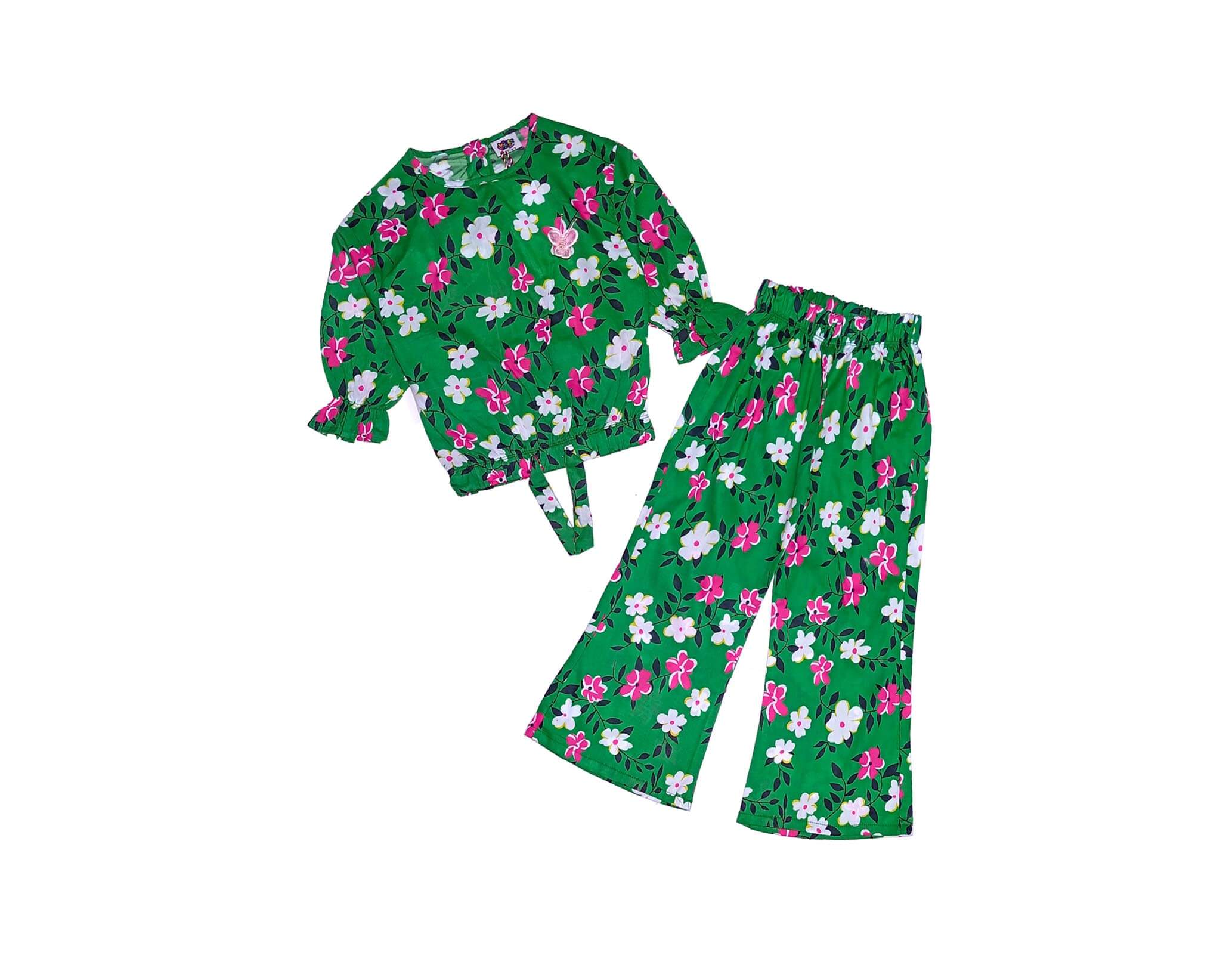 Pink Florals Woven Short Top with Bell Bottom Trouser - Green