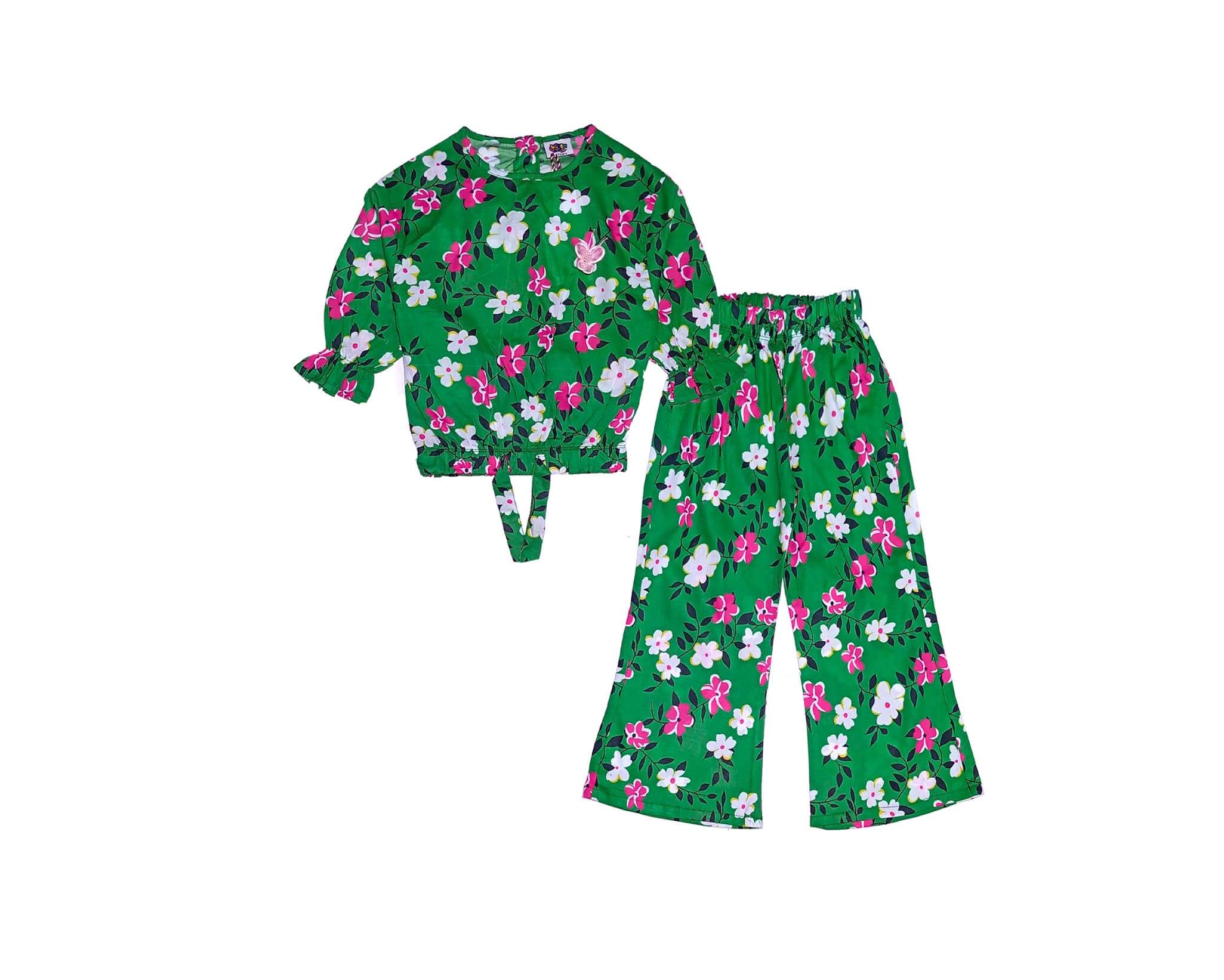 Pink Florals Woven Short Top with Bell Bottom Trouser - Green