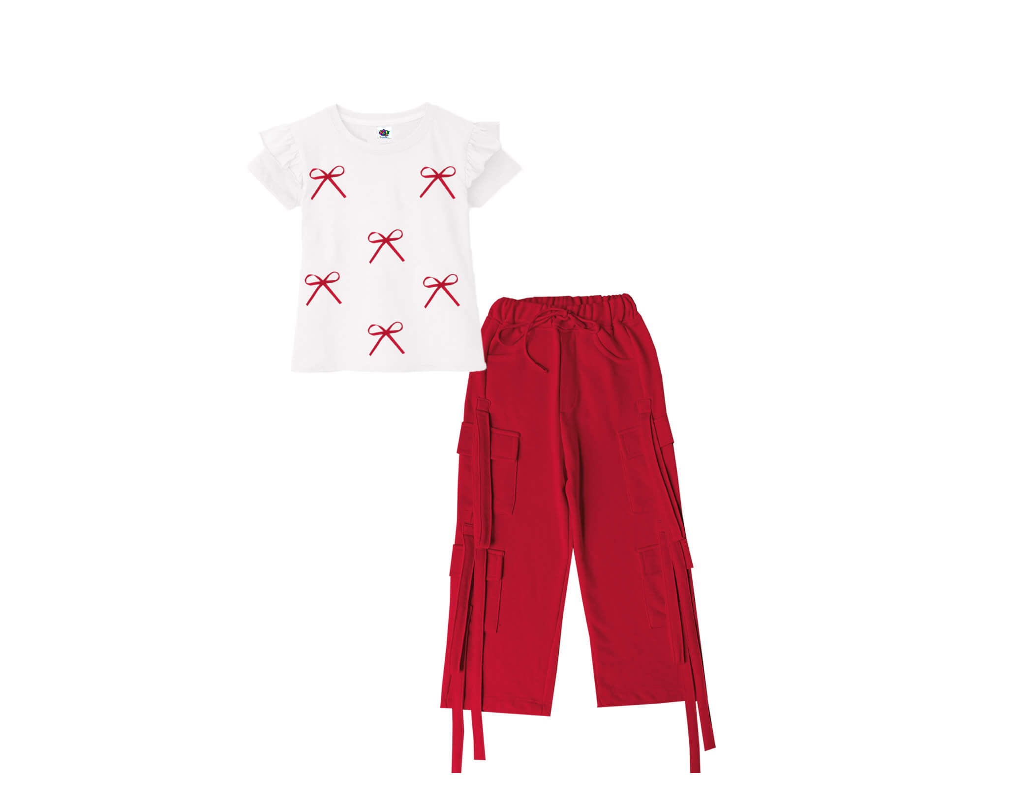 Ribbons Bow Red Half sleeves Tee & Cargo Terry Trouser - White & Red