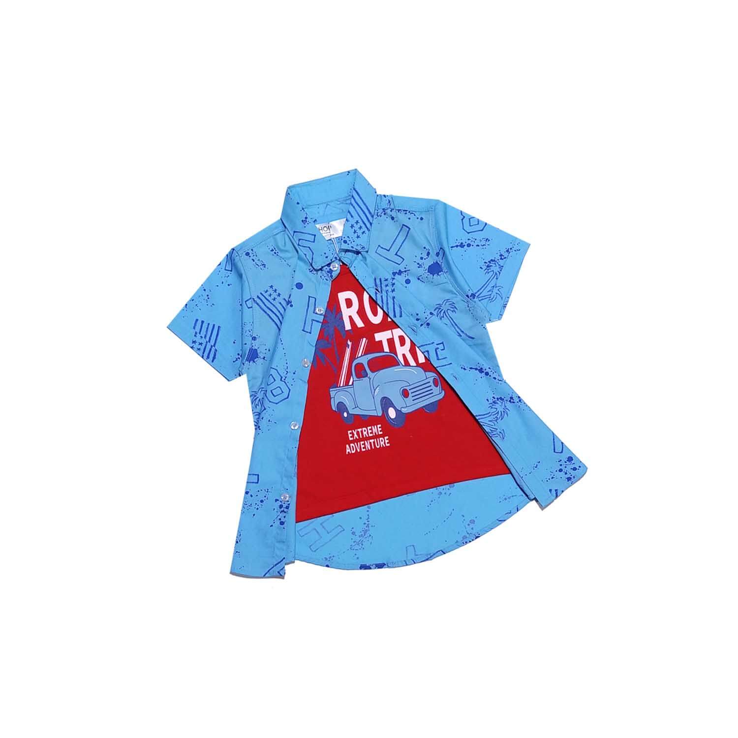 Road Trip Car Twofer Cotton Casual Shirt-Sky Blue Red-1