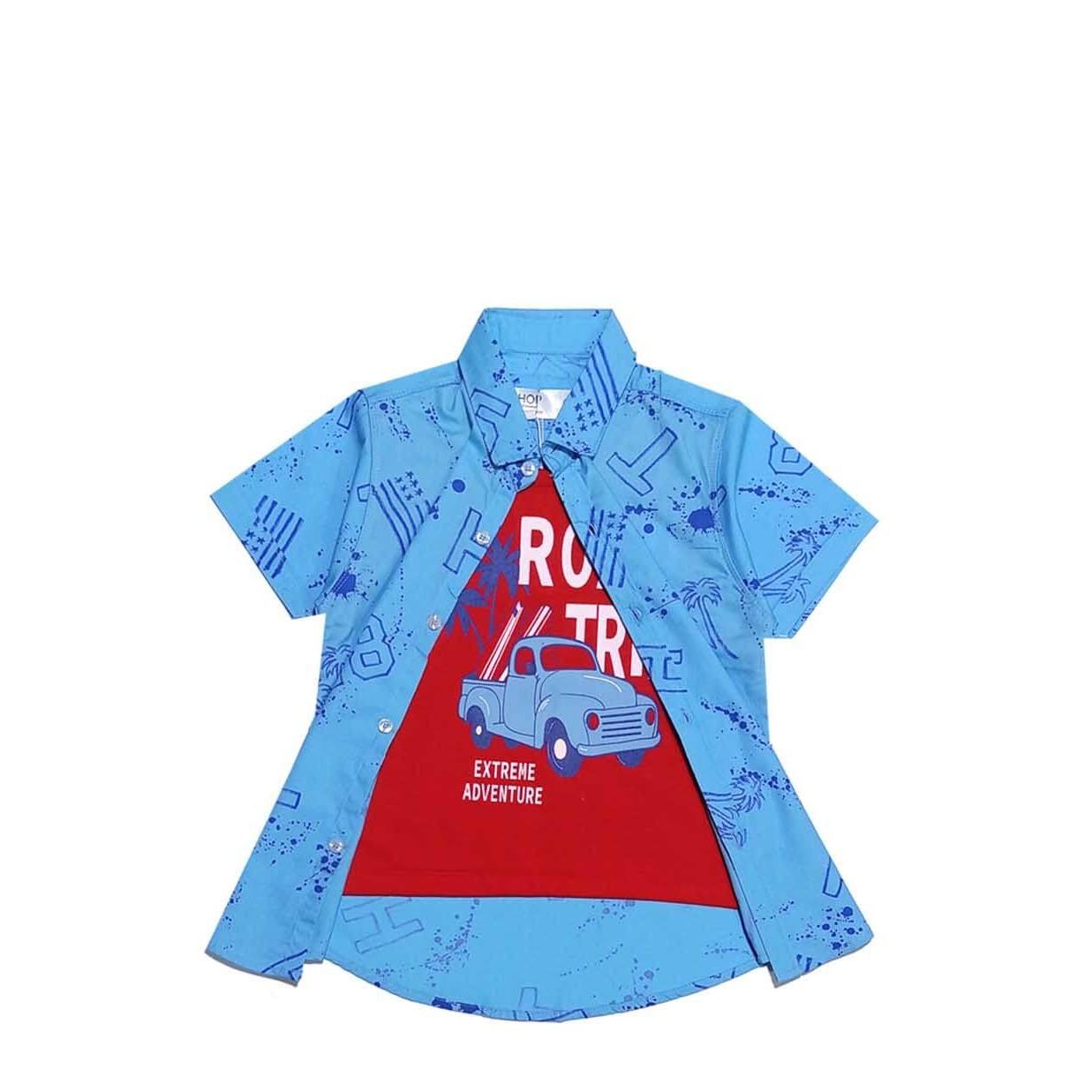 Road Trip Car Twofer Cotton Casual Shirt-Sky Blue Red