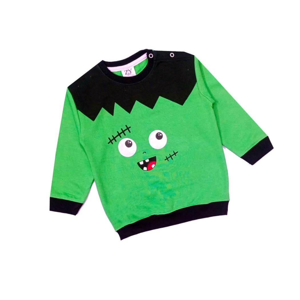 Rolling Eyes Crazy Face Light Fleece Sweatshirt - Green &amp; Black