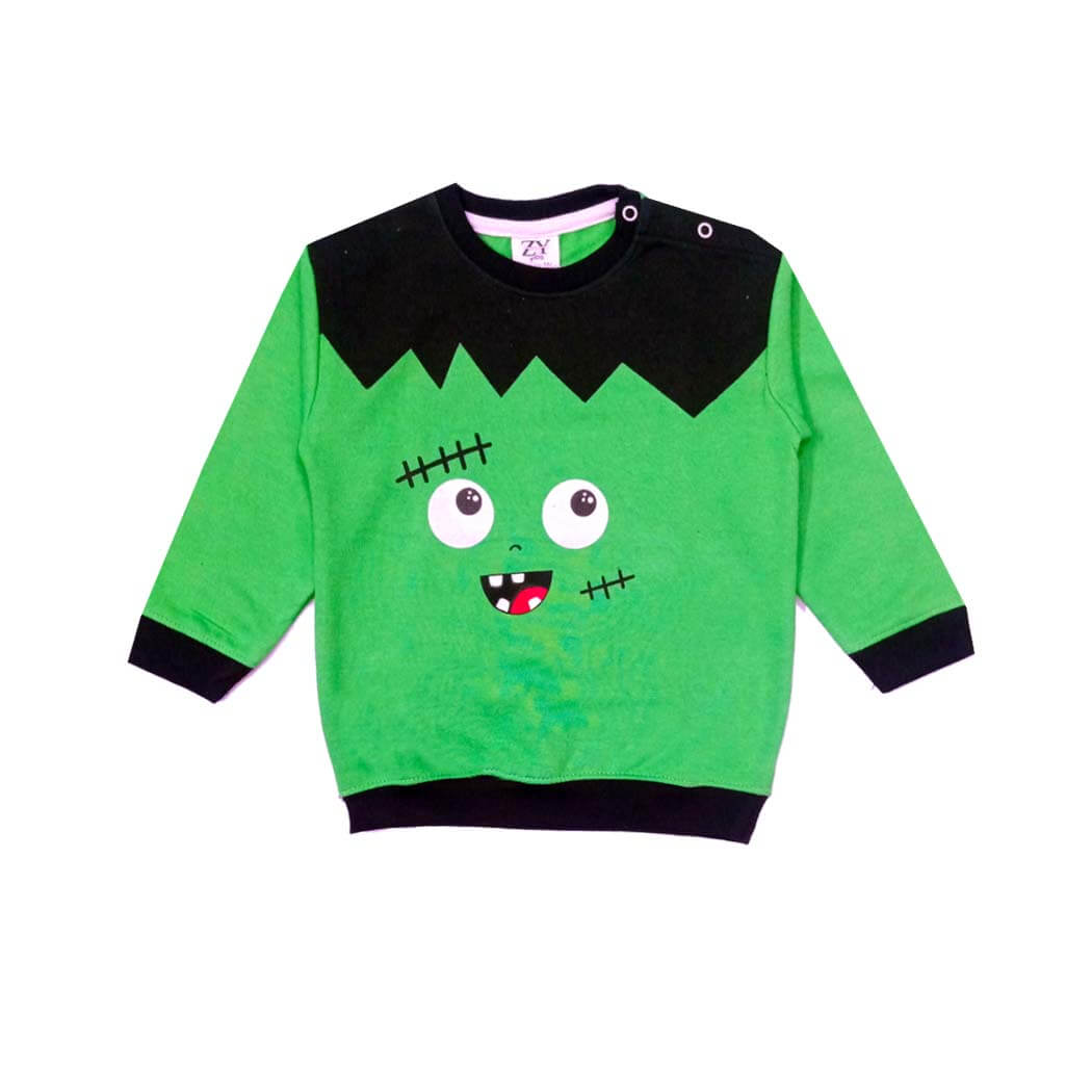 Rolling Eyes Crazy Face Light Fleece Sweatshirt - Green &amp; Black