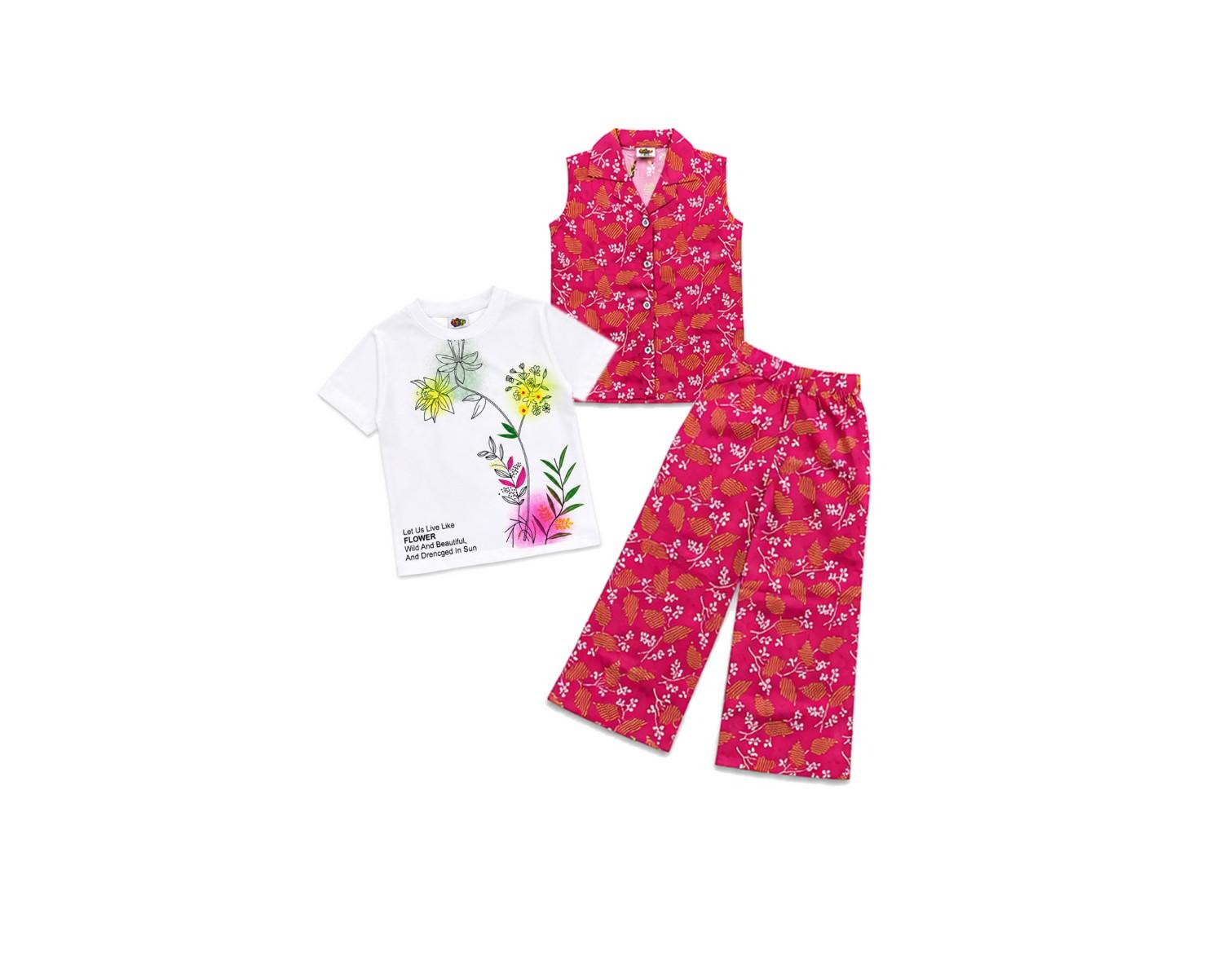 Rose Garden Floral Printed Tee Shirt Sleeveless Inner & Flapper Trouser - Shocking Pink-1