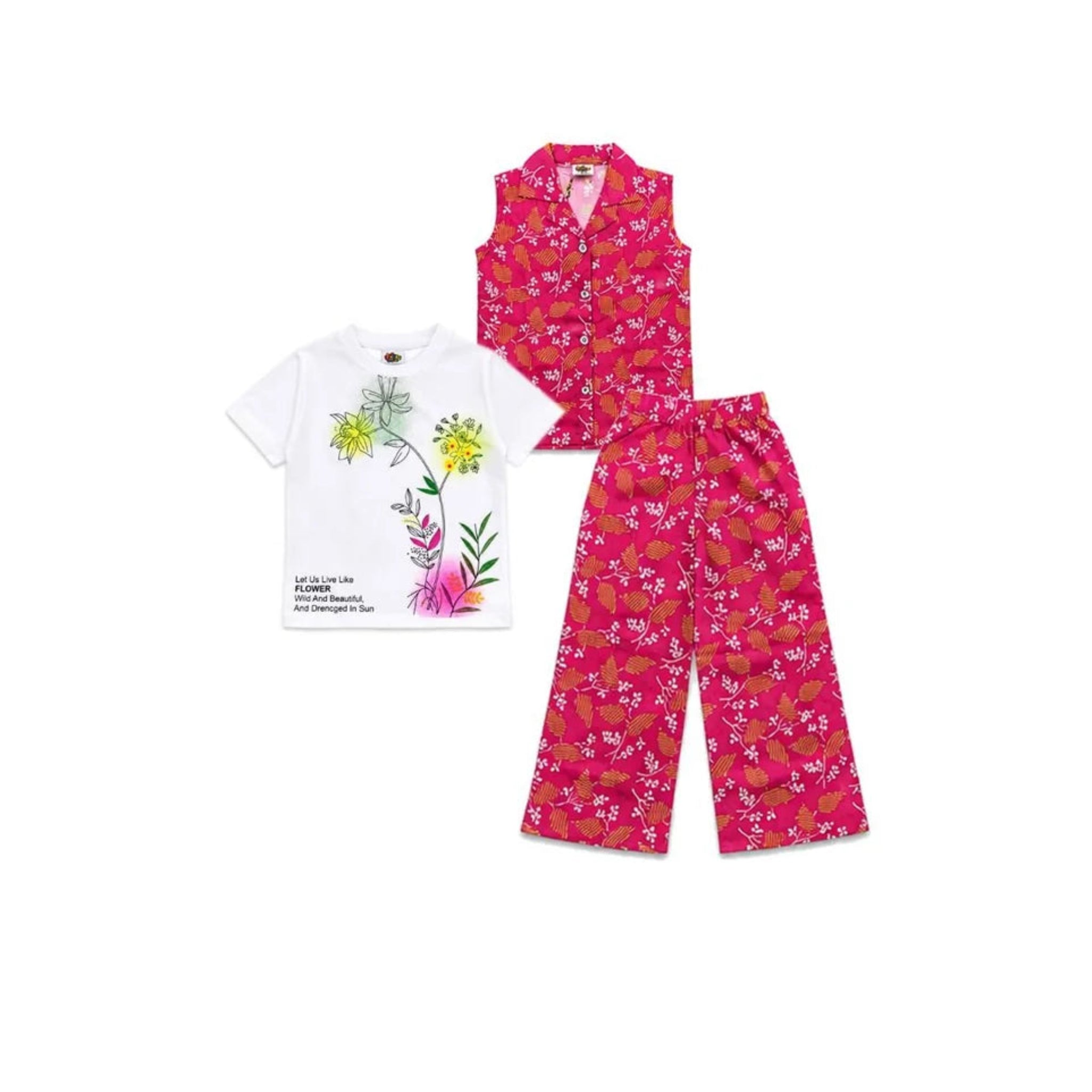 Rose Garden Floral Printed Tee Shirt Sleeveless Inner & Flapper Trouser - Shocking Pink