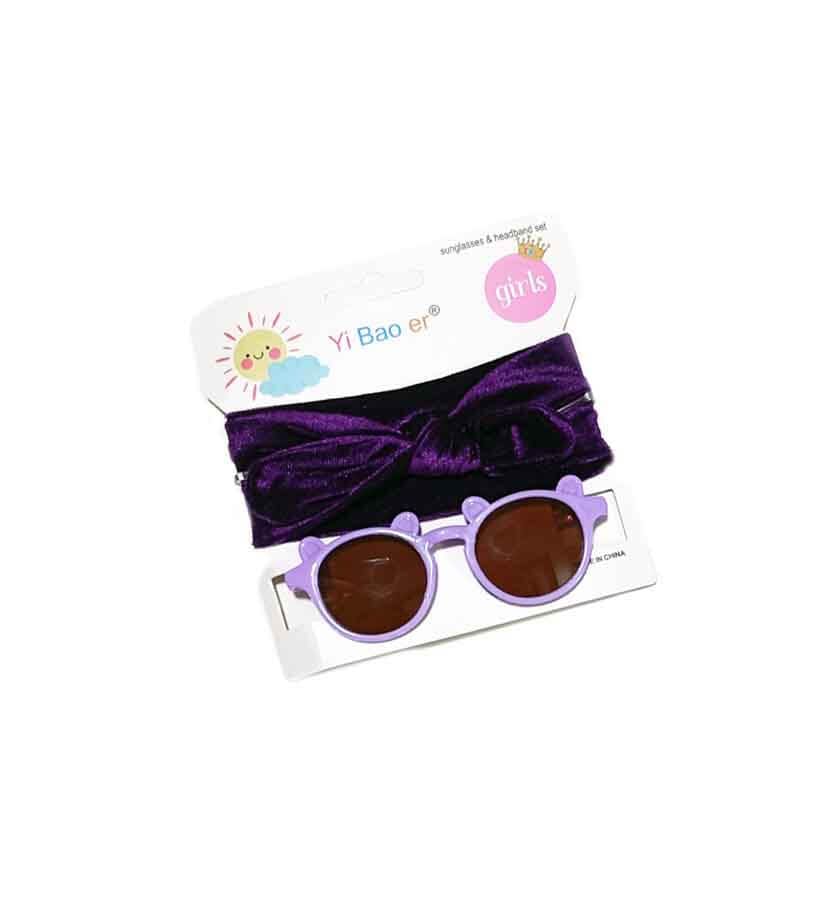 Round Bear Sunglasses & Bow Headband Set - Purple