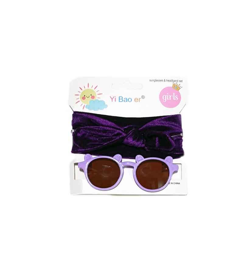 Round Bear Sunglasses & Bow Headband Set - Purple