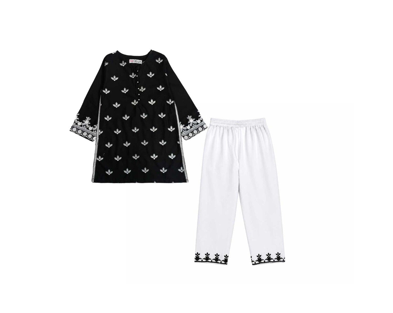 Royal Festive Embroidery Cotton Kurta & Trouser - Black & White
