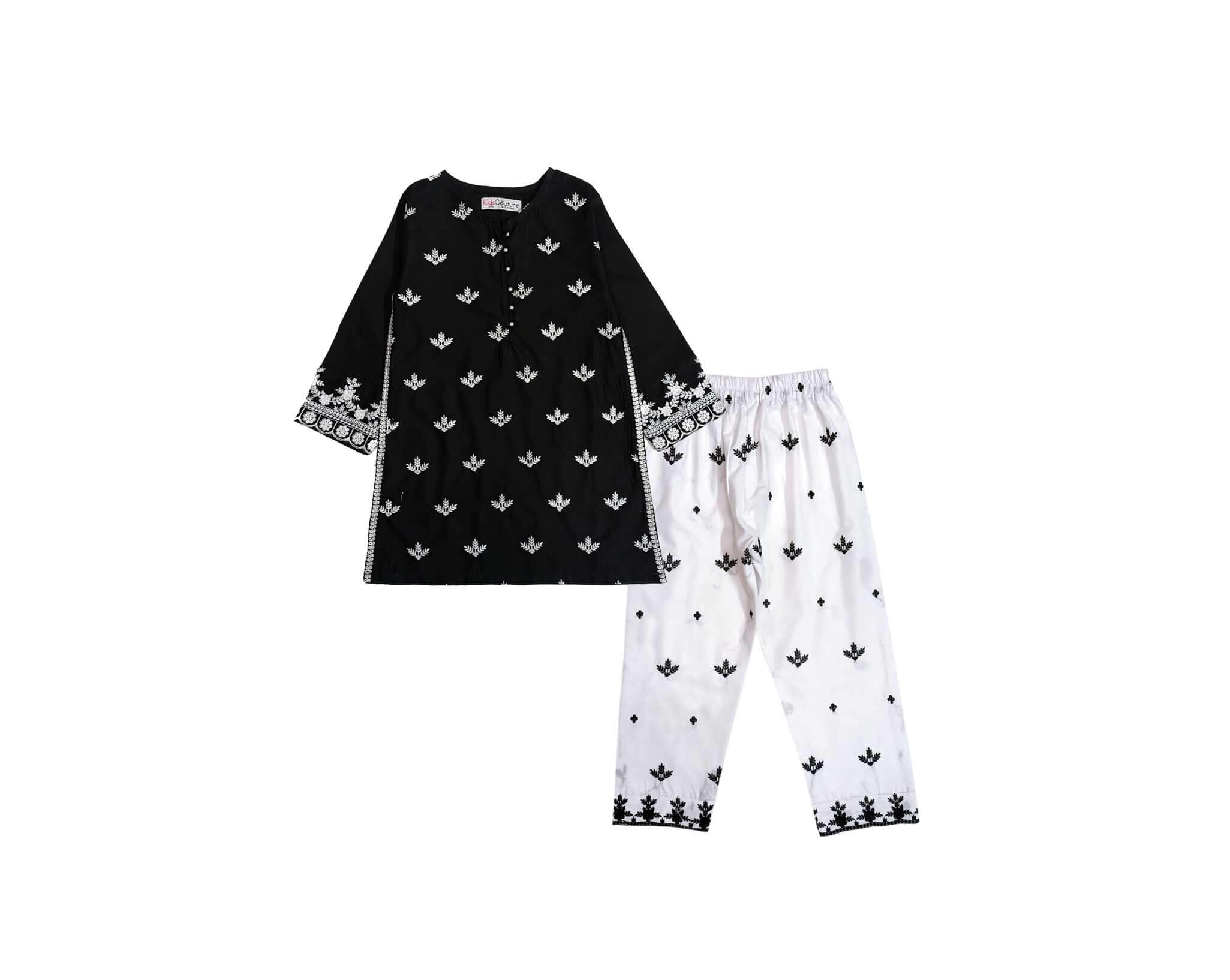 Royal Festive Embroidery Kurta & Trouser - Black & White